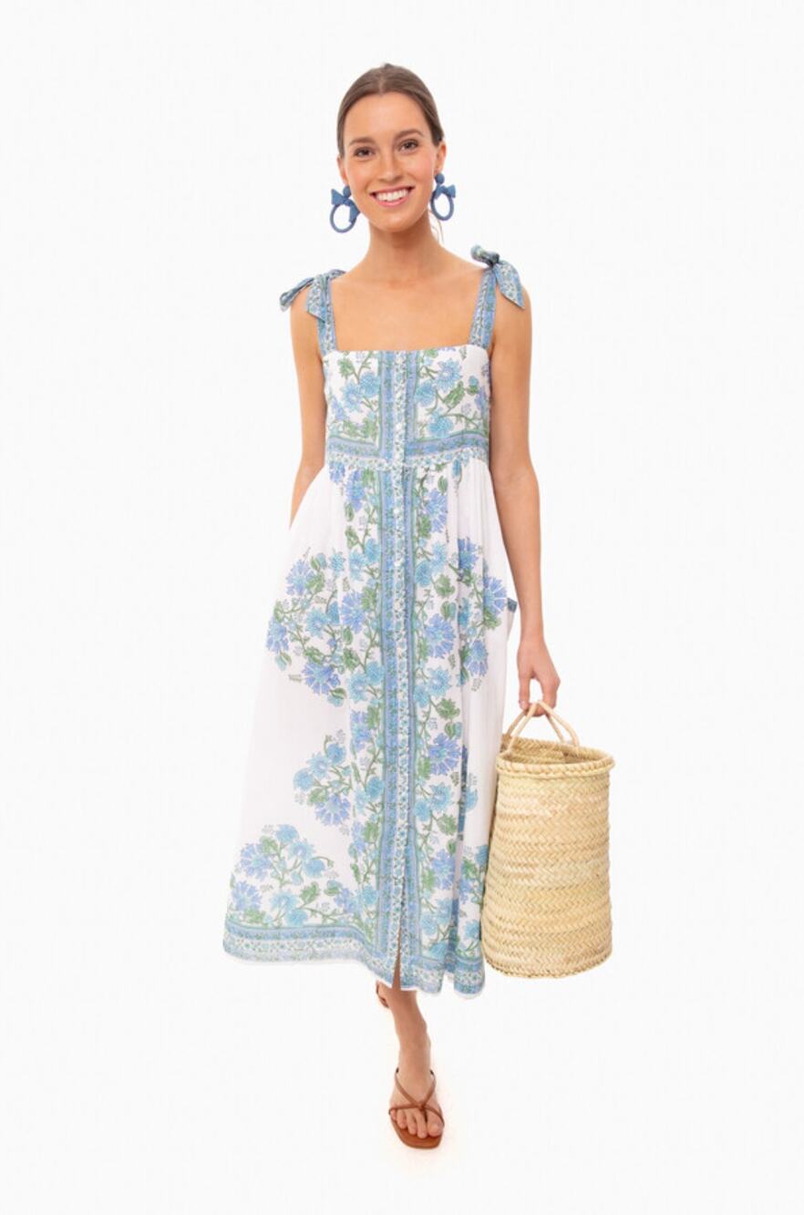 Juliet Dunn Tuckernuck Blue Rose Border Tie Shoulder Midi Button Cotton Dress L